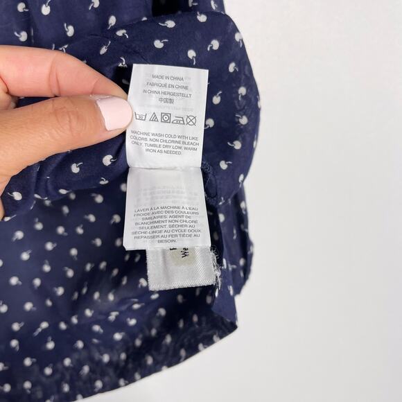 J Crew Womens 2XS Navy Blue Ruffle Tiny Cherries Printed Blouse Top Long Sleeve - Picture 12 of 14